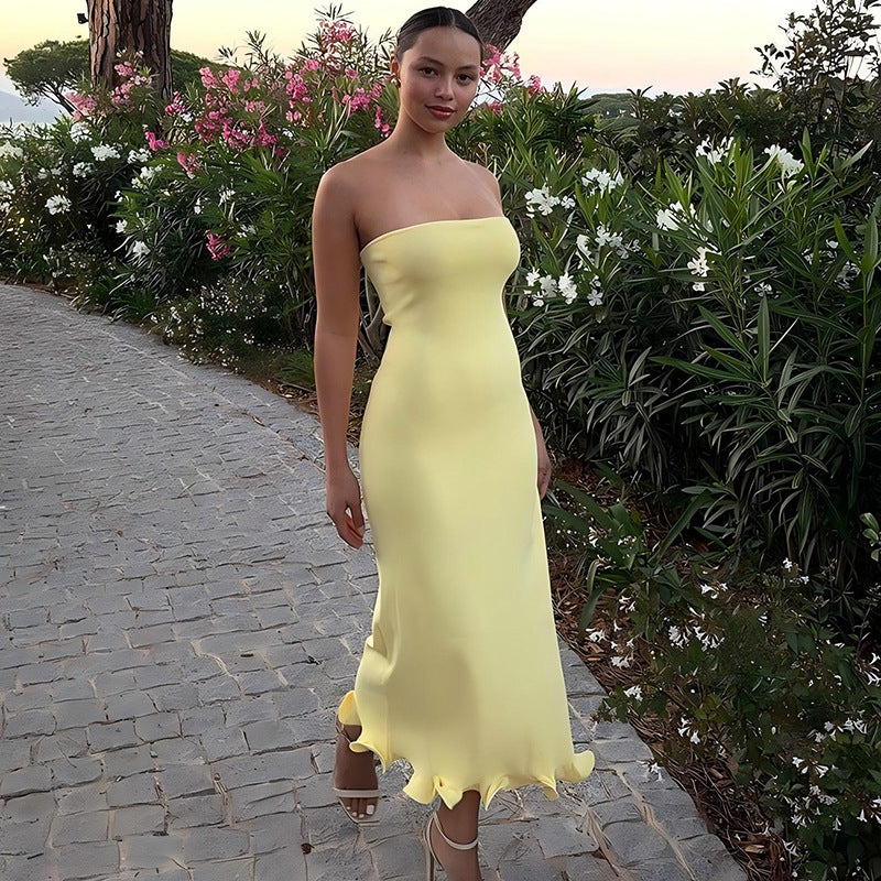 Strapless  long wavy skirt hem dress