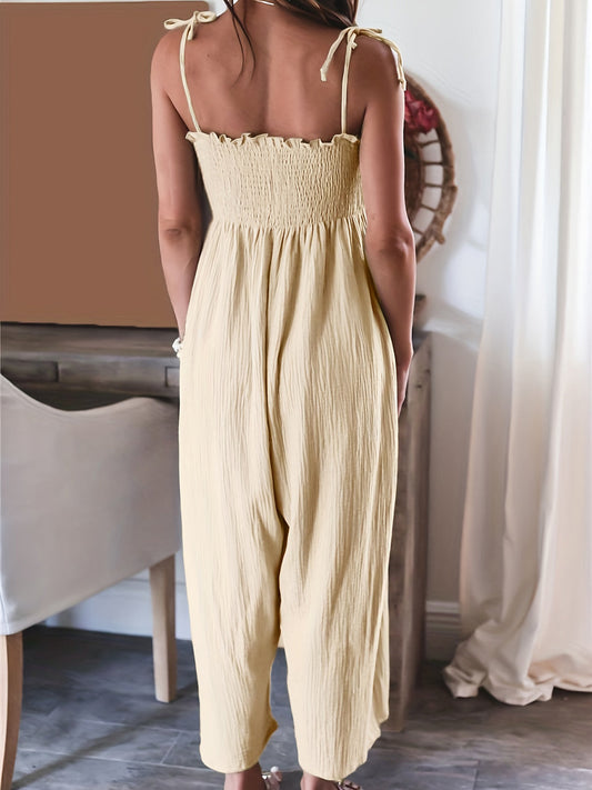 Smocked Spaghetti Strap Wide Leg Jumpsuit - MONLANE