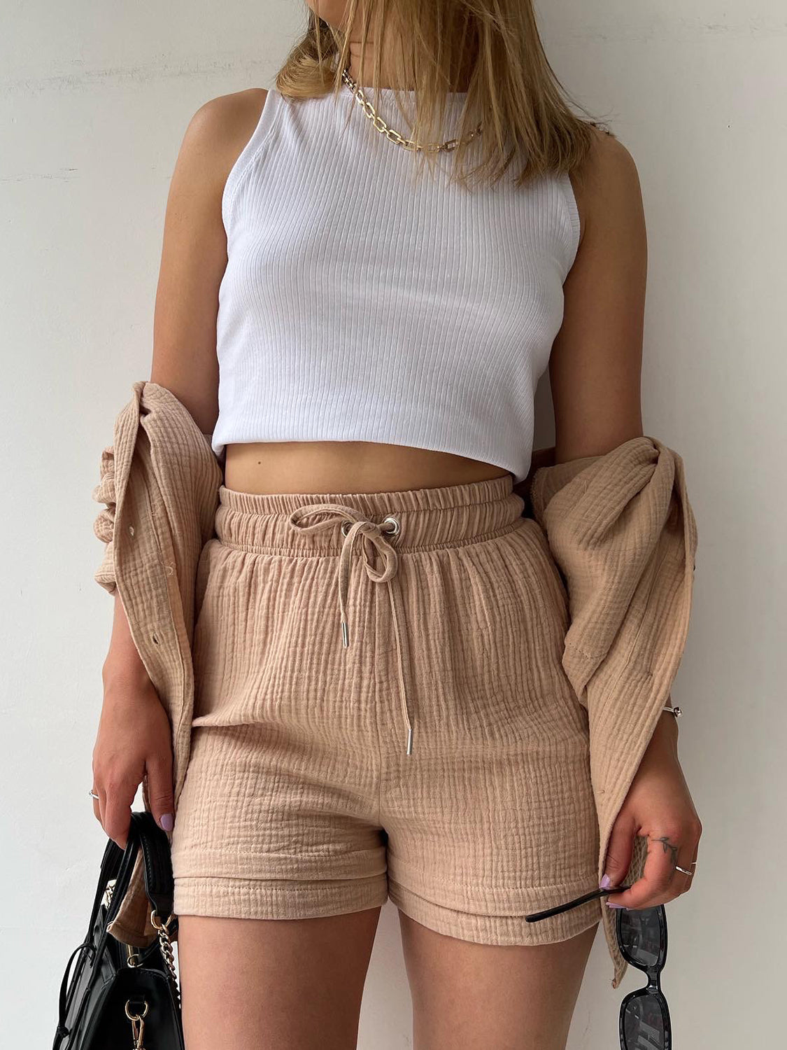 Texture Button Up Shirt and Drawstring Shorts Set - MONLANE