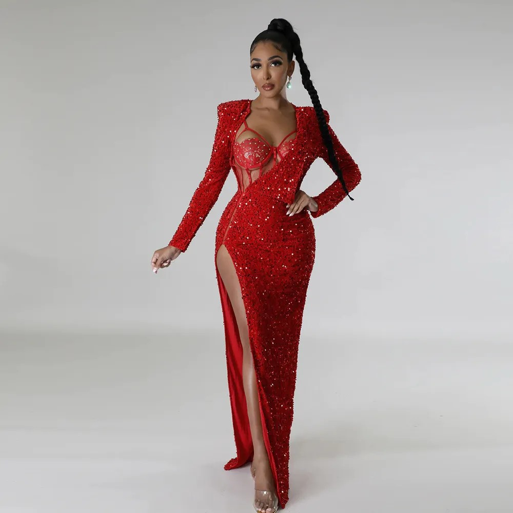 Solid sequin sexy two-piece set