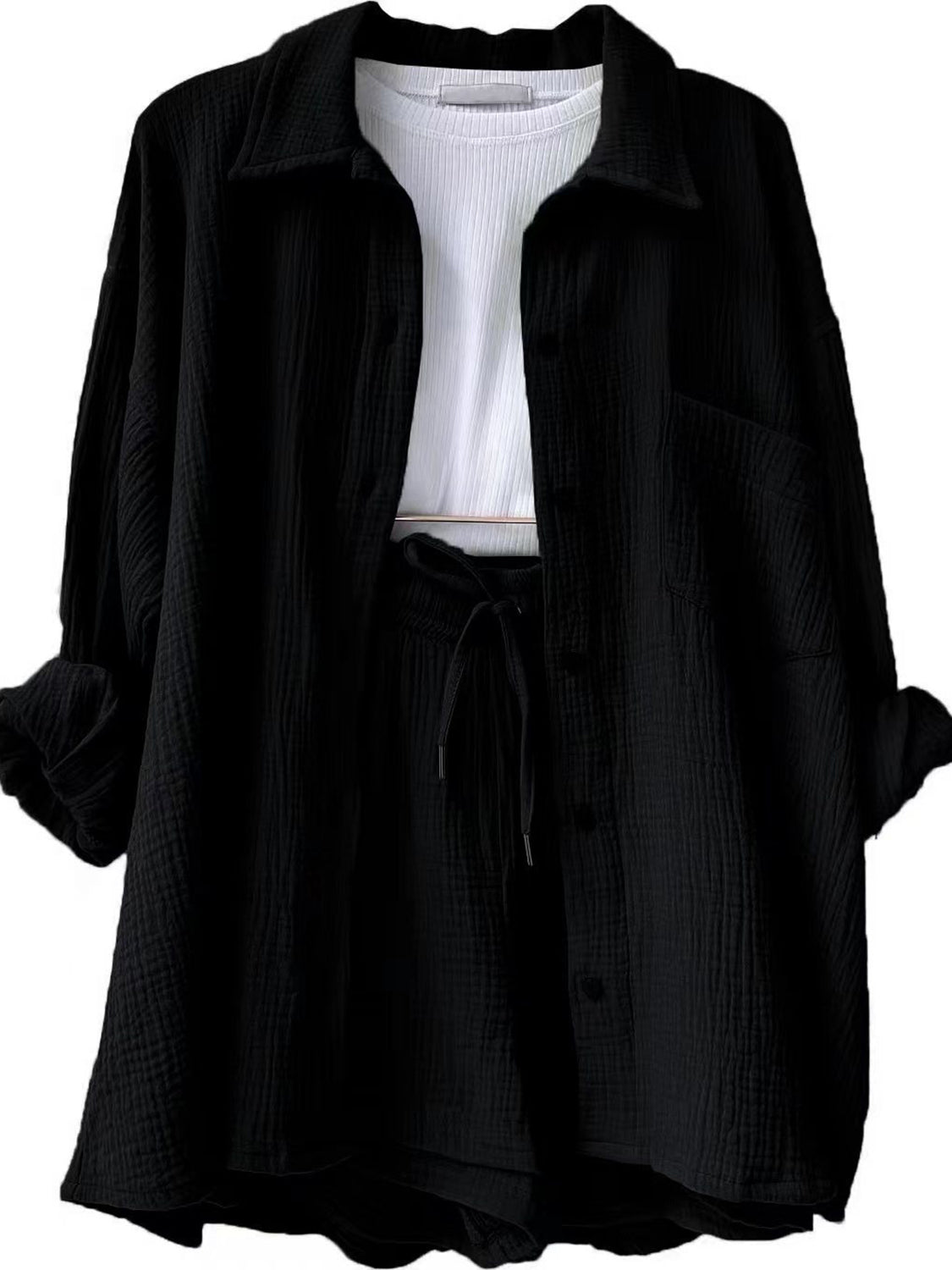 Texture Button Up Shirt and Drawstring Shorts Set - MONLANE