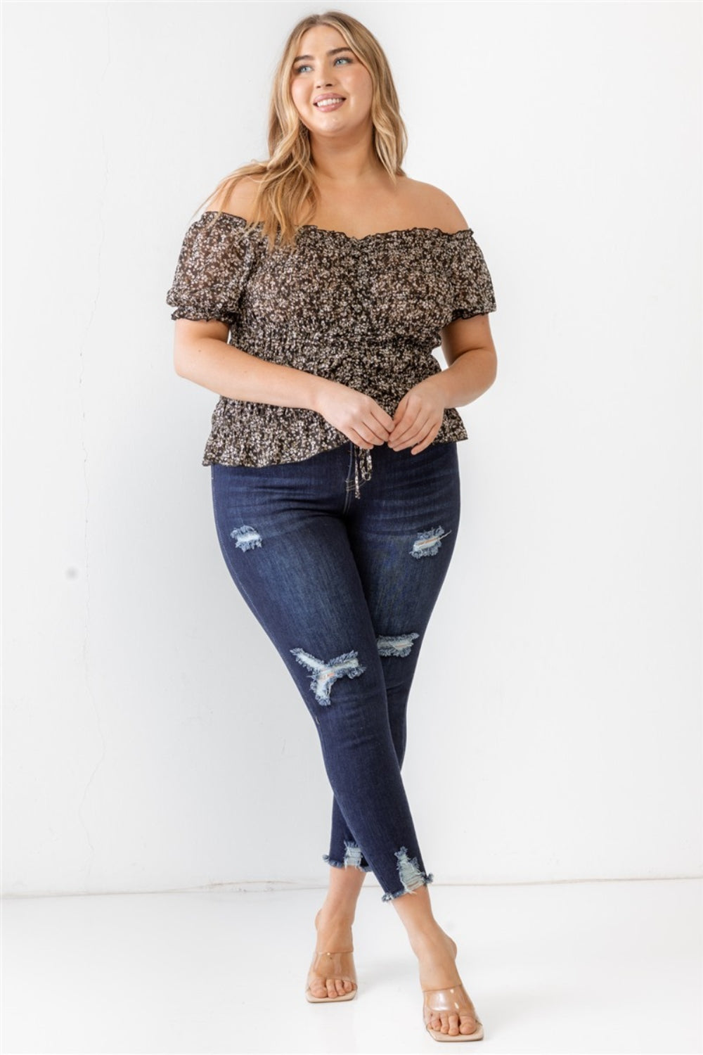 Frill Ruched Off-Shoulder Short Sleeve Blouse