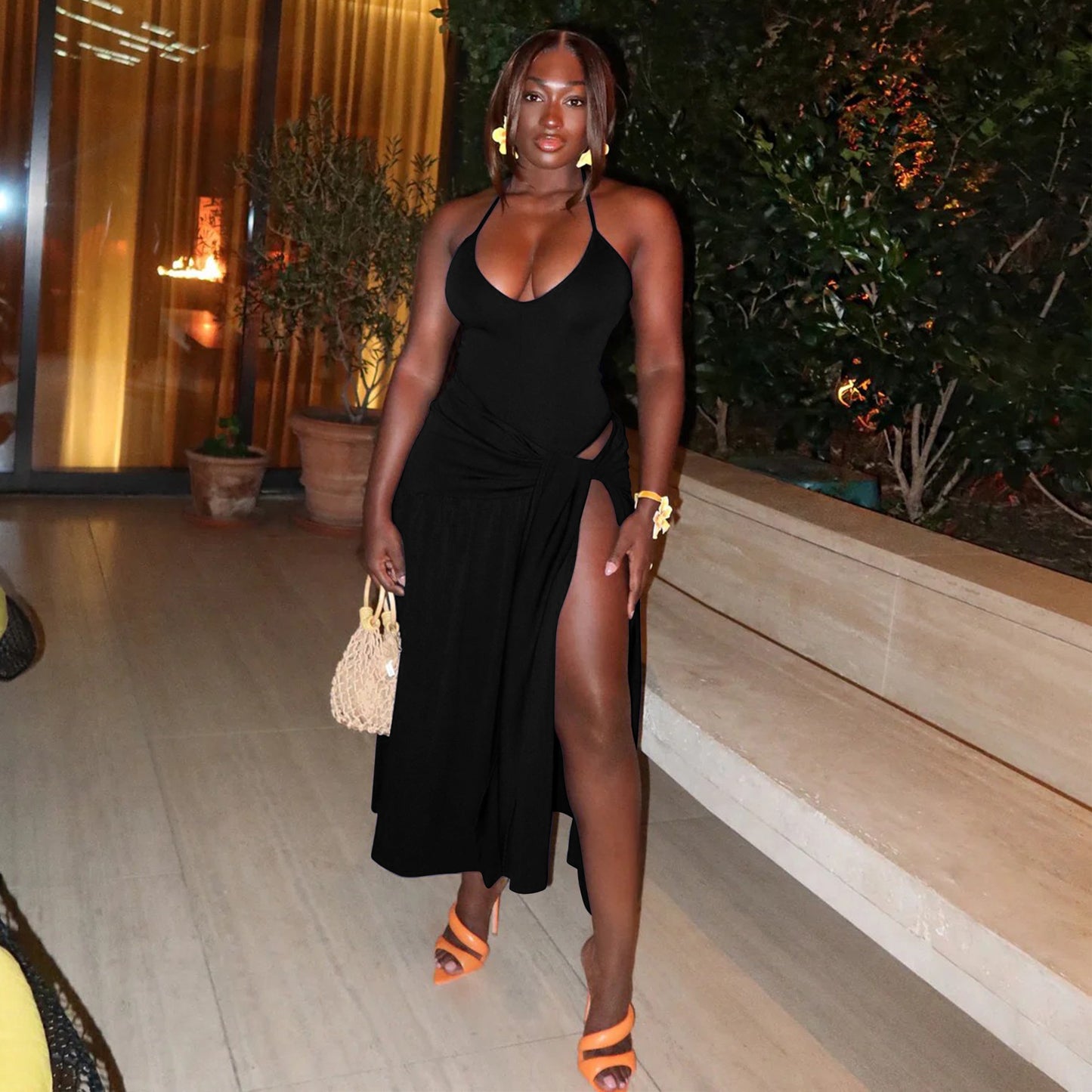 Lace up slit skirt set