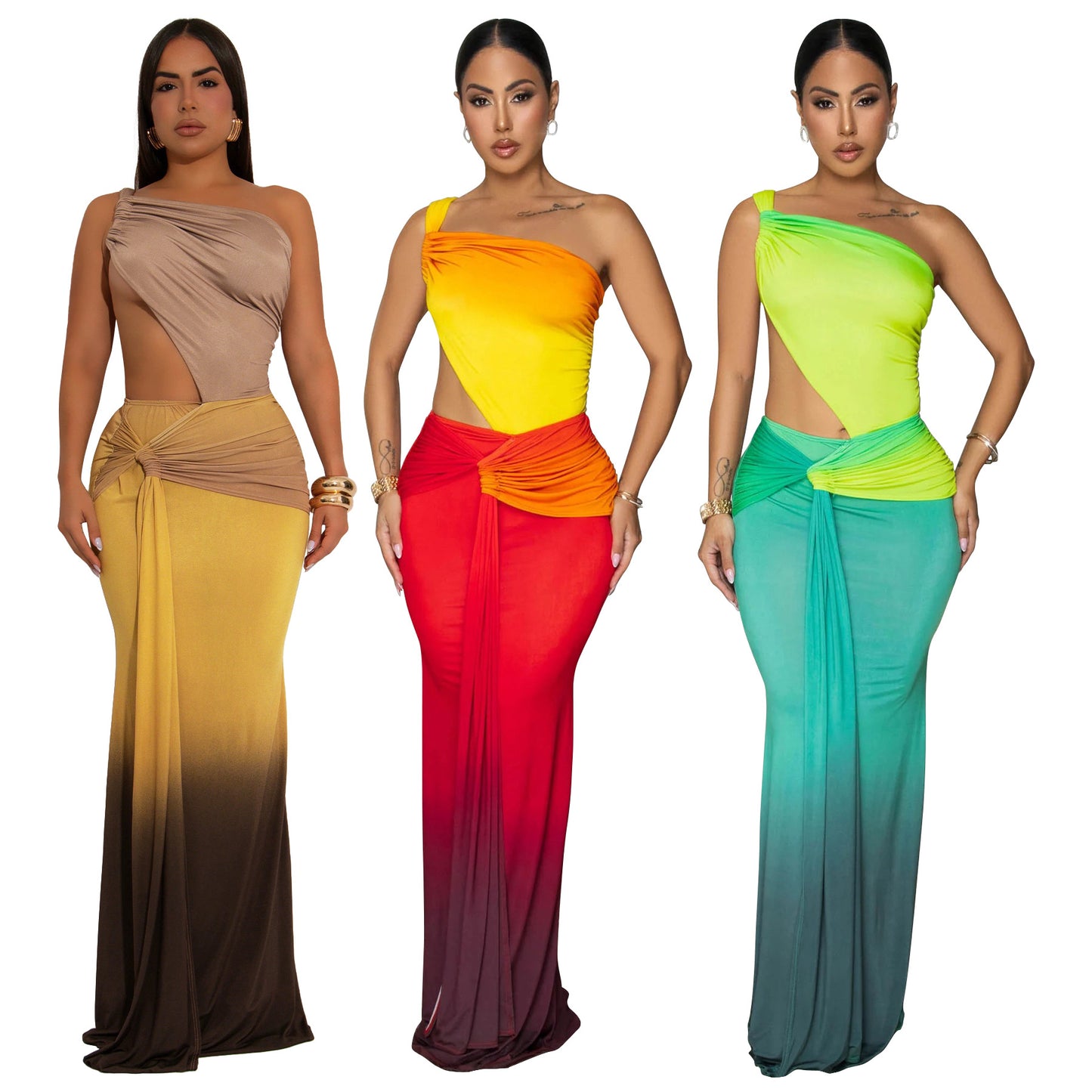 Waist revealing gradient one shoulder dress