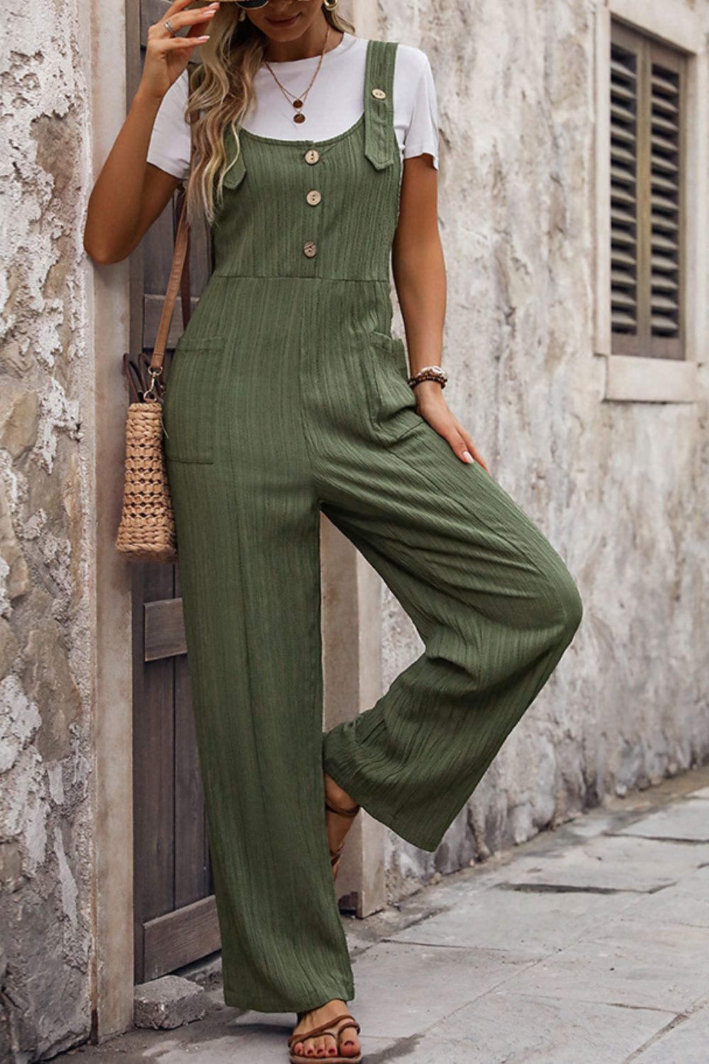 Textured Pocketed Wide Strap Overalls - MONLANE