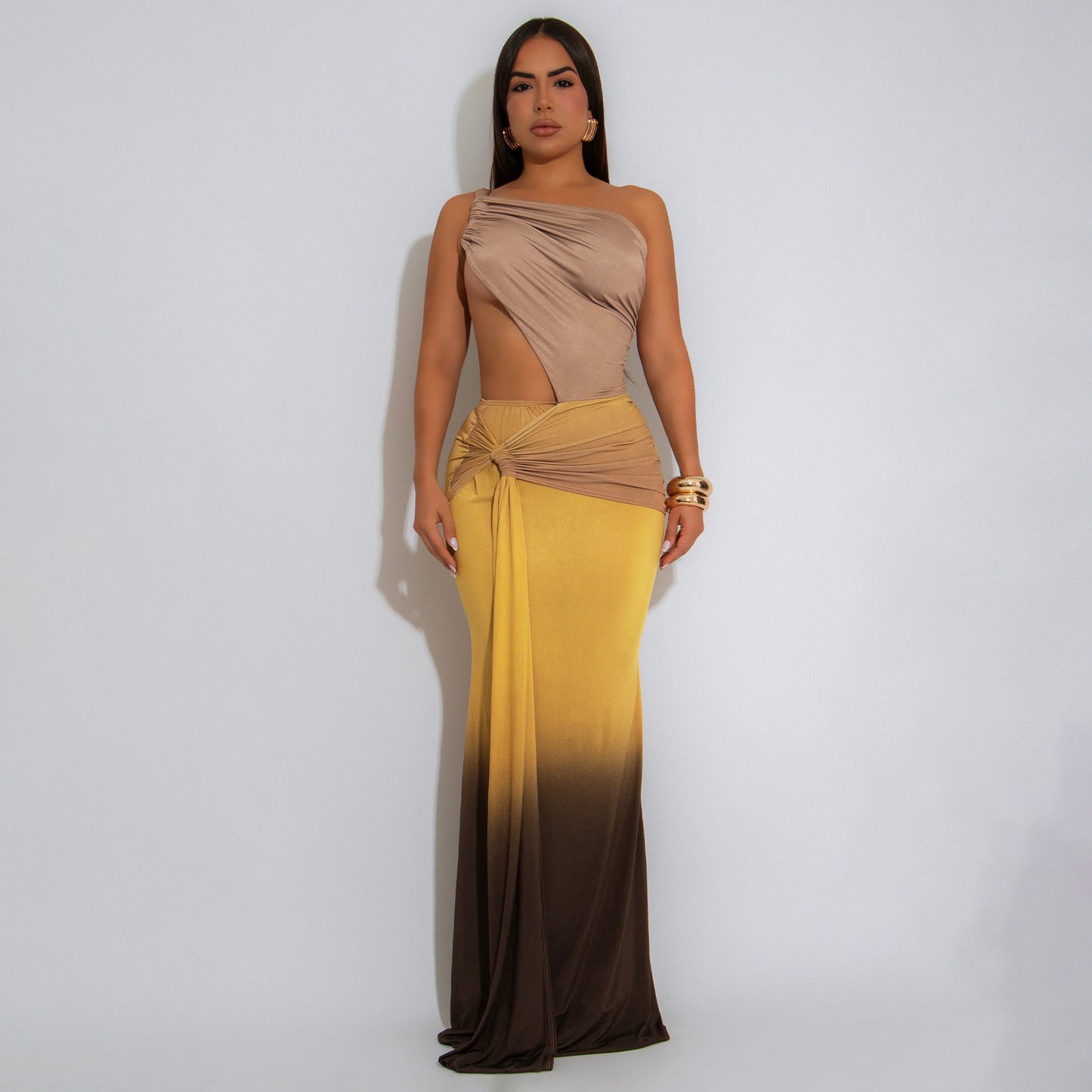 Waist revealing gradient one shoulder dress