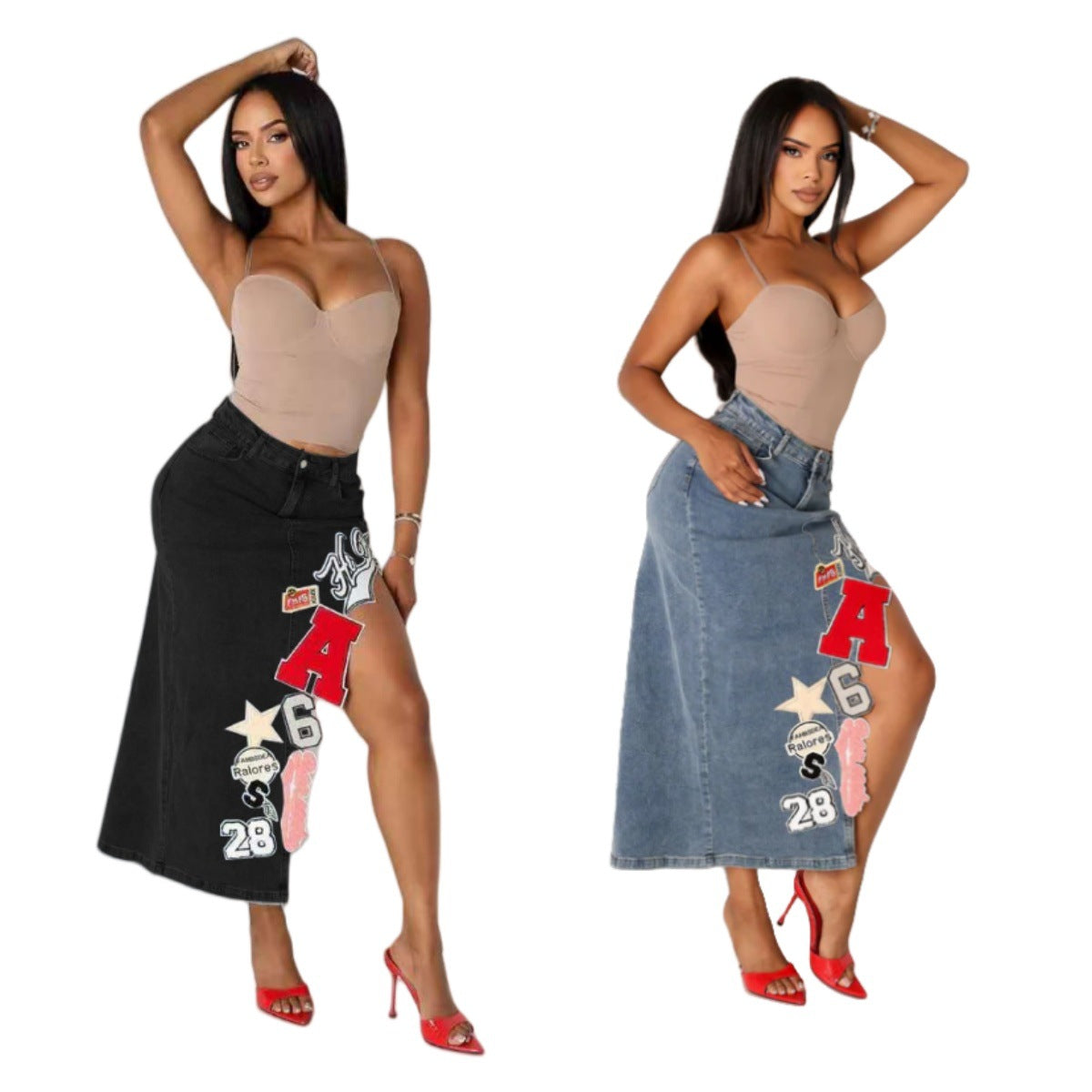 Embroidered Elastic Letter Denim Skirt