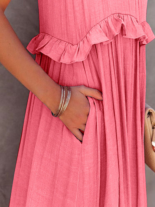 Ruffled Sleeveless Tiered Maxi Dress with Pockets - MONLANE