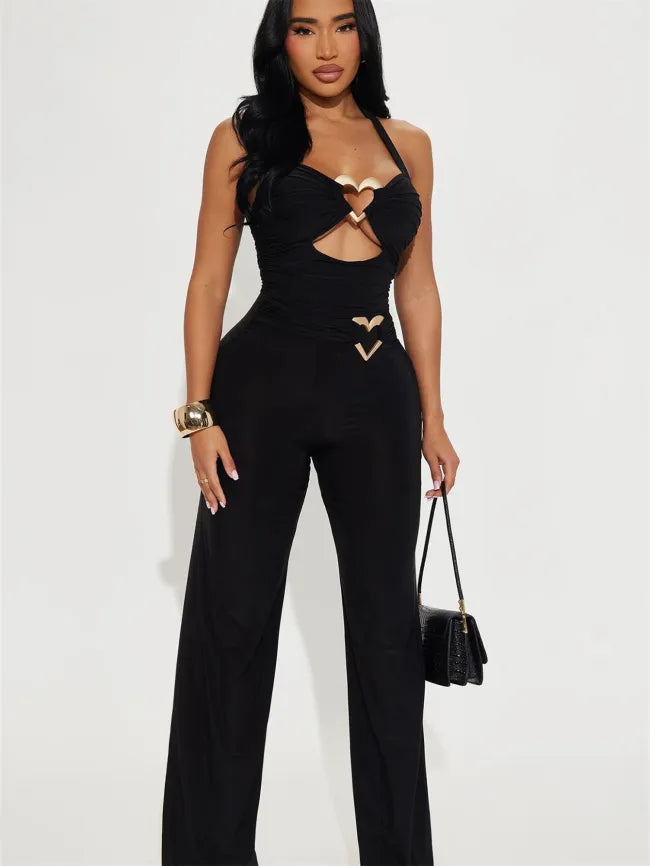 Solid Color Backless Jumpsuit Pants