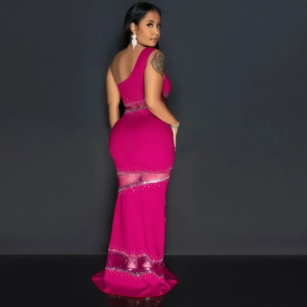 Splicing Mesh Hot Diamond Solid Color Dress