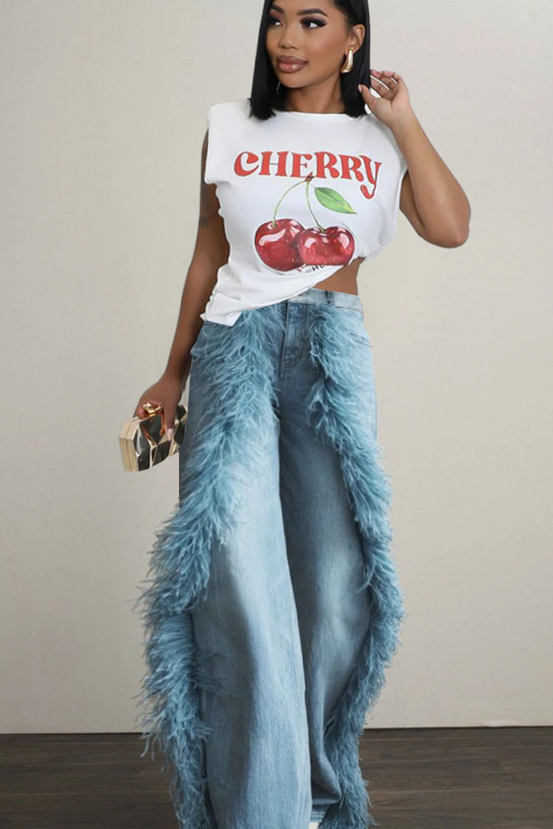 Splicing fuzzy edge straight leg denim pants