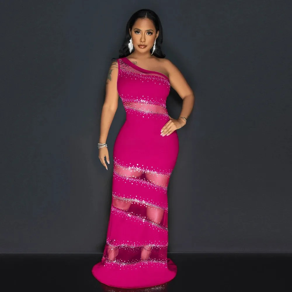 Splicing Mesh Hot Diamond Solid Color Dress