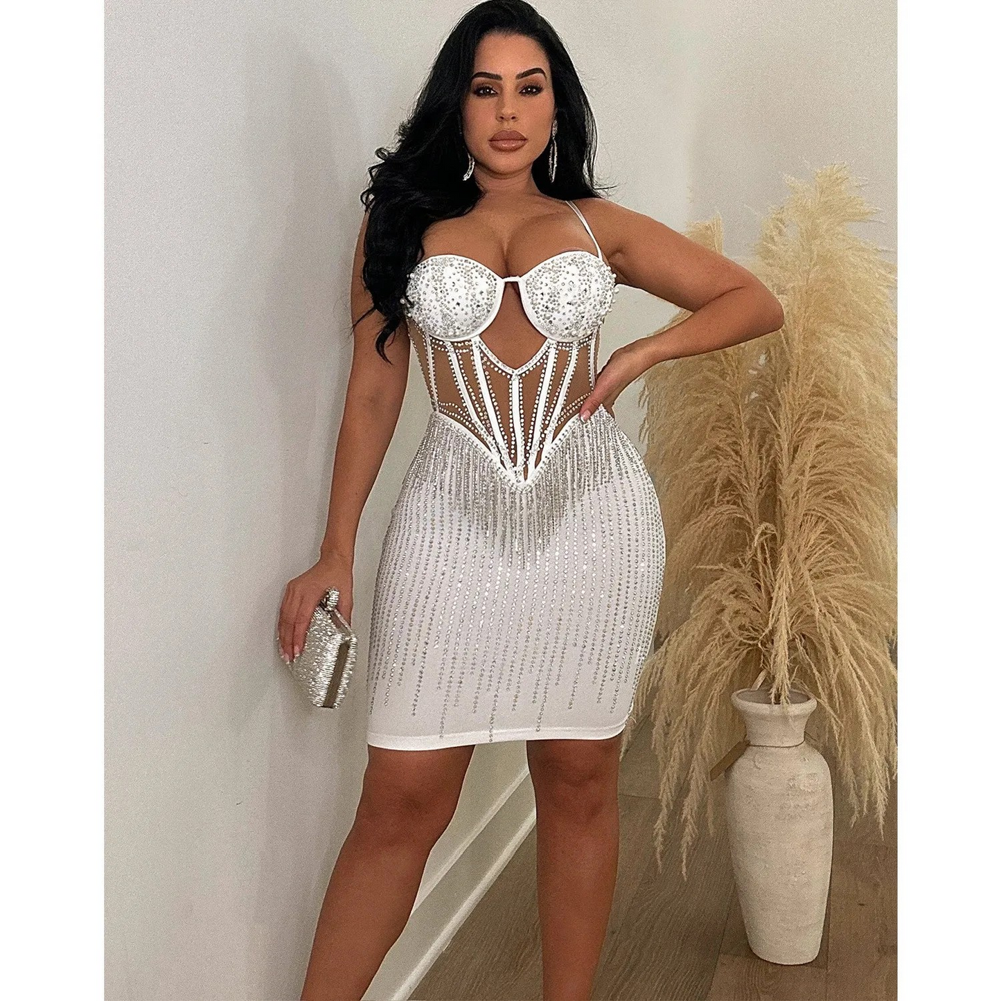 Solid Colour Diamond Strap Short Dress