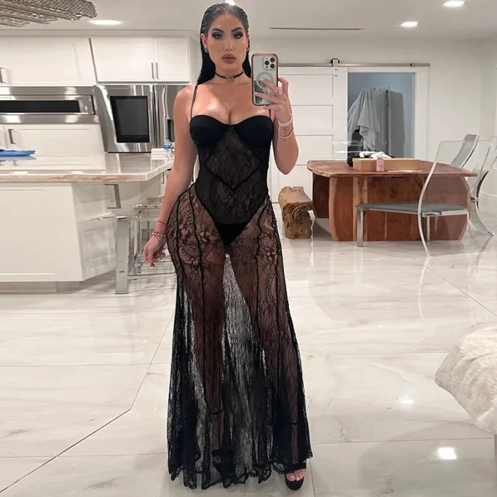 Strapless mesh long dress