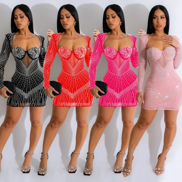 Hot Diamond Long sleeved Short Dress