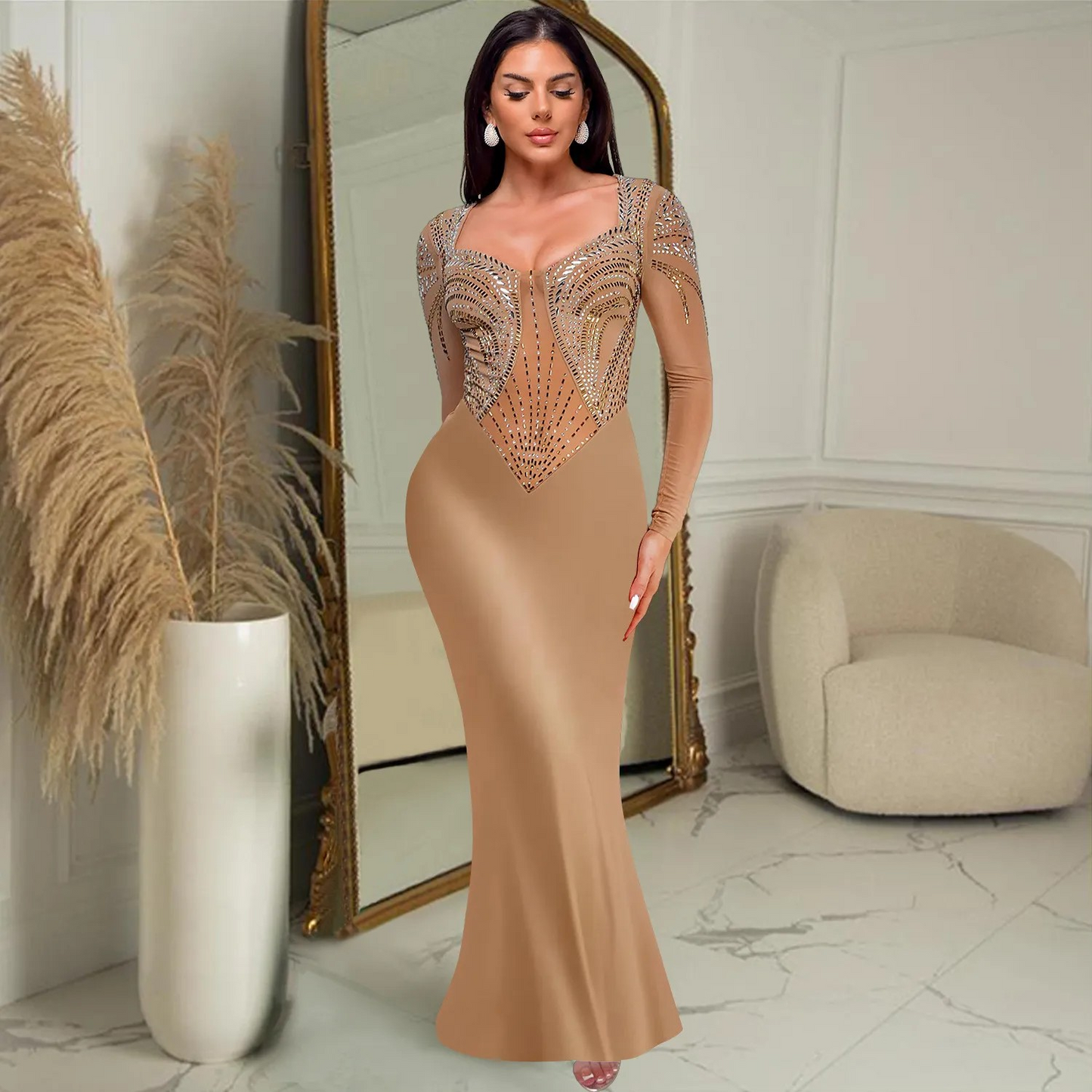 Rhinestone solid color long sleeved dress