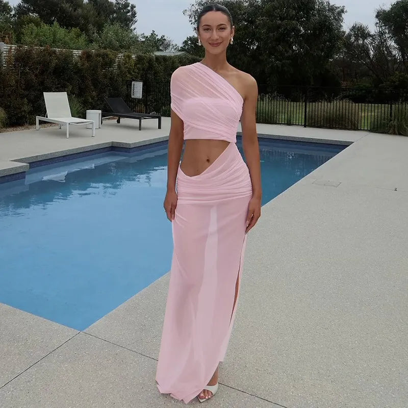 Sexy Mesh Slanted Shoulder Split Dress