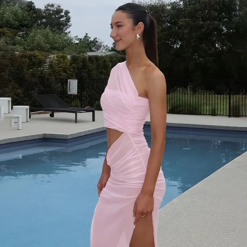 Sexy Mesh Slanted Shoulder Split Dress