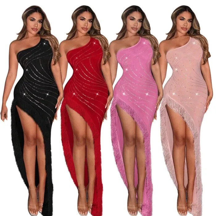 Hot stamping slanted shoulder dress