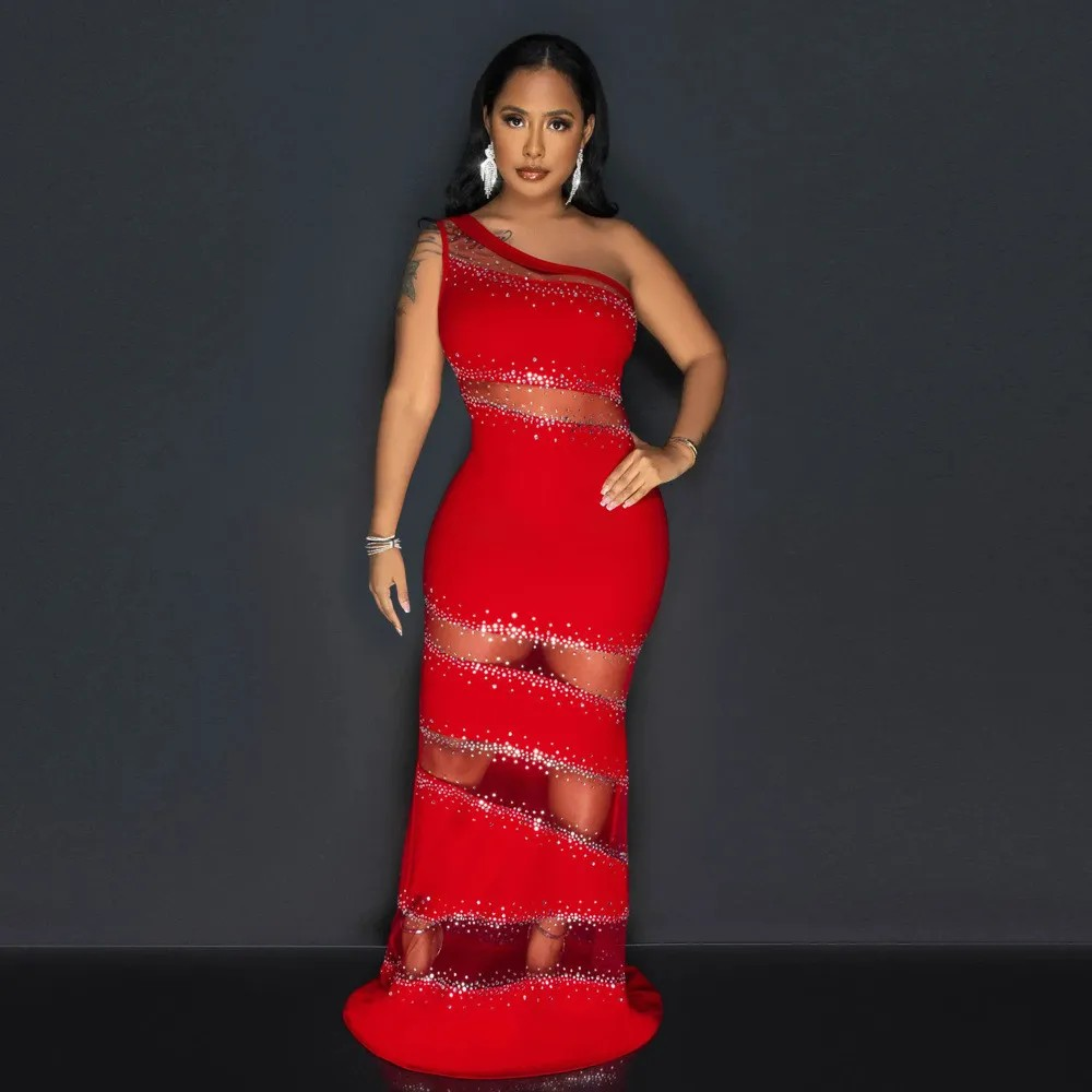 Splicing Mesh Hot Diamond Solid Color Dress