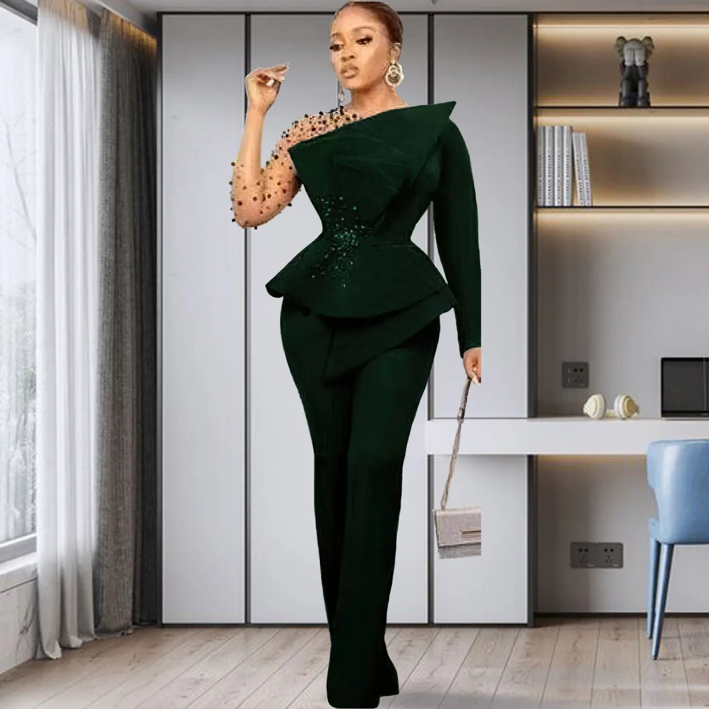 solid color nail bead pants set