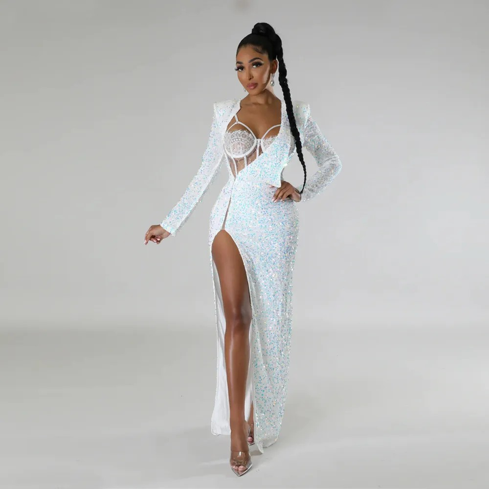 Solid sequin sexy two-piece set