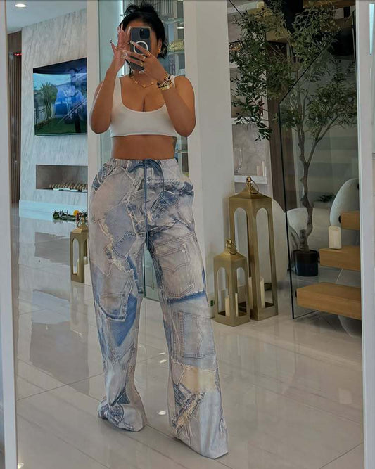Printed Imitation Denim Loose Leg Pants