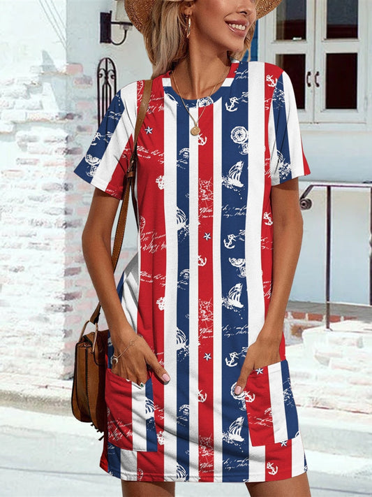Pocketed Striped Short Sleeve Dress