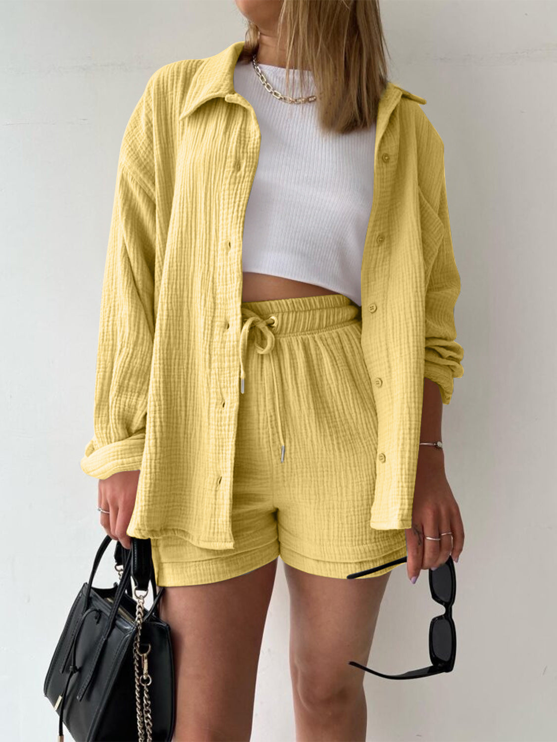 Texture Button Up Shirt and Drawstring Shorts Set - MONLANE