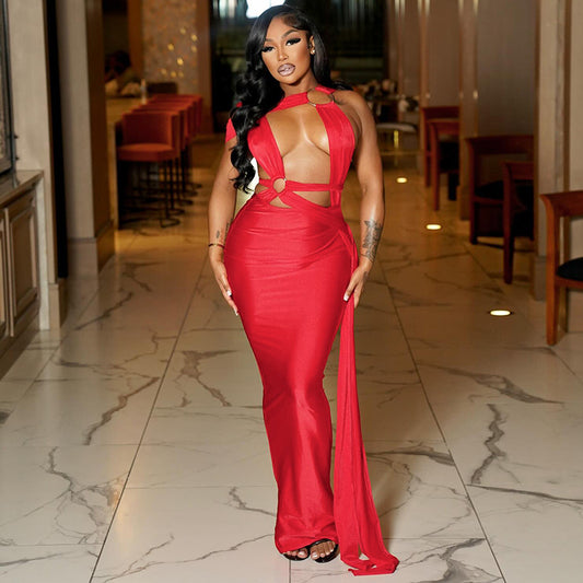 Circular Hollow Bandage Tied Dress