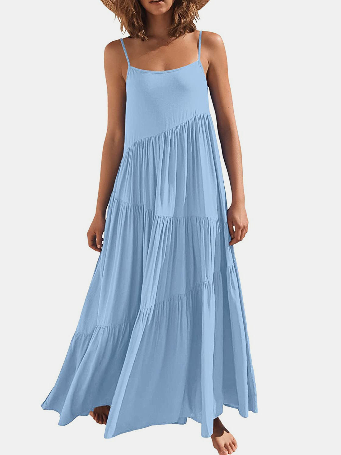 Full Size Ruched Tiered Spaghetti Strap Dress - MONLANE