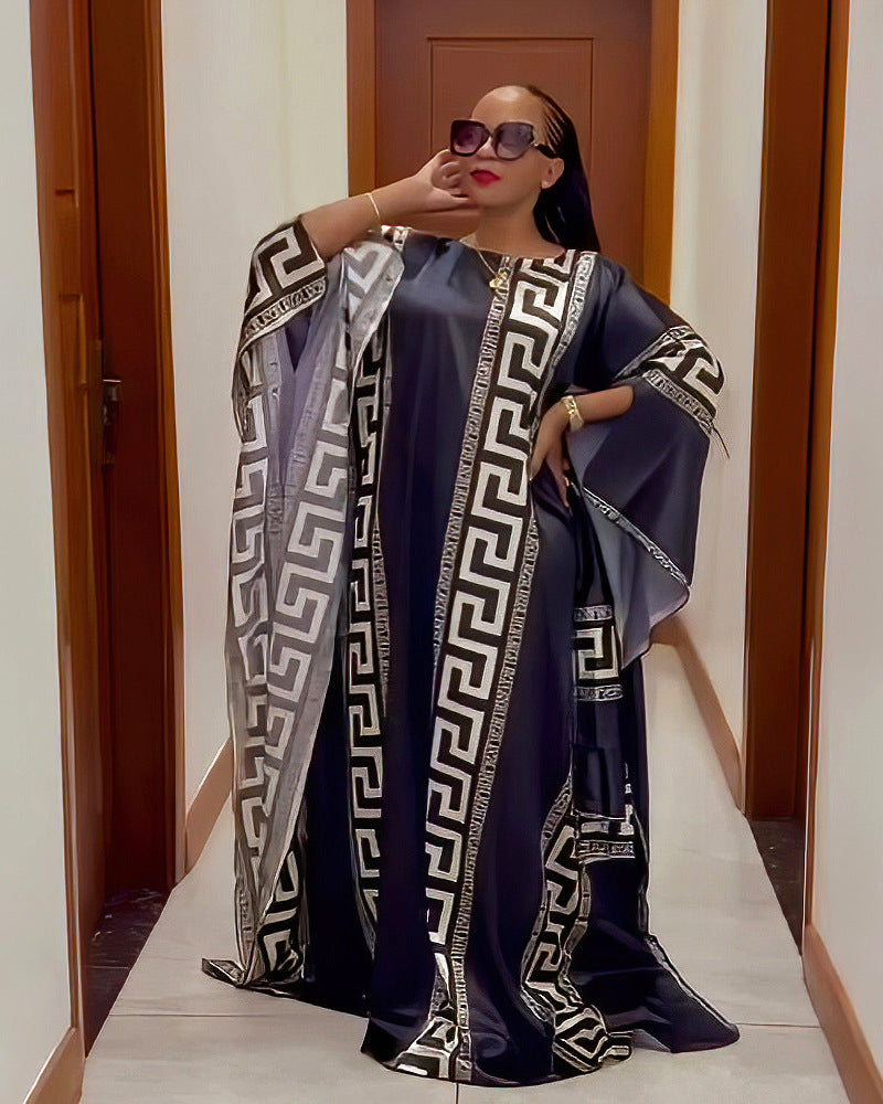 Digital printed bat sleeve loose dress