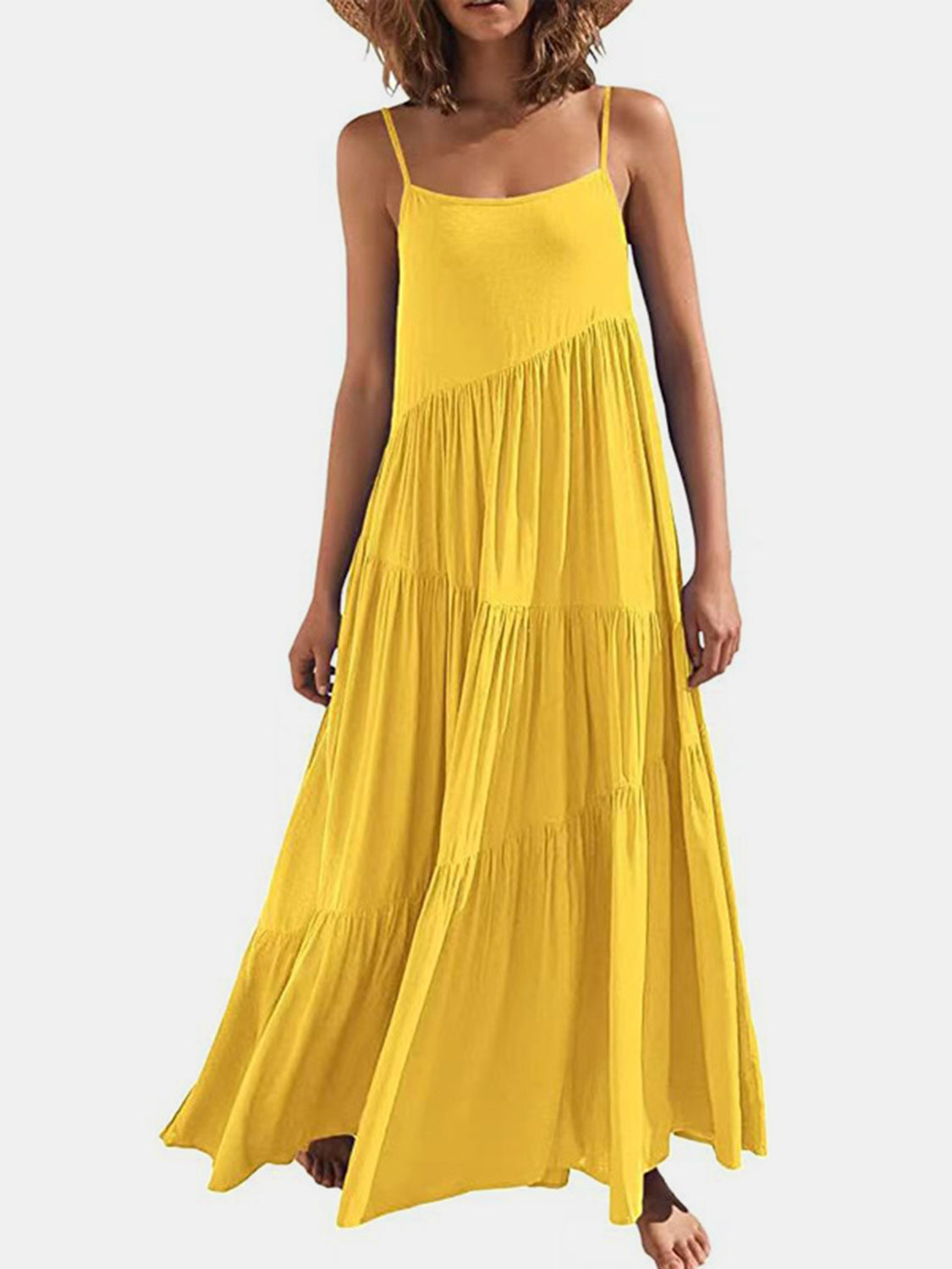 Full Size Ruched Tiered Spaghetti Strap Dress - MONLANE
