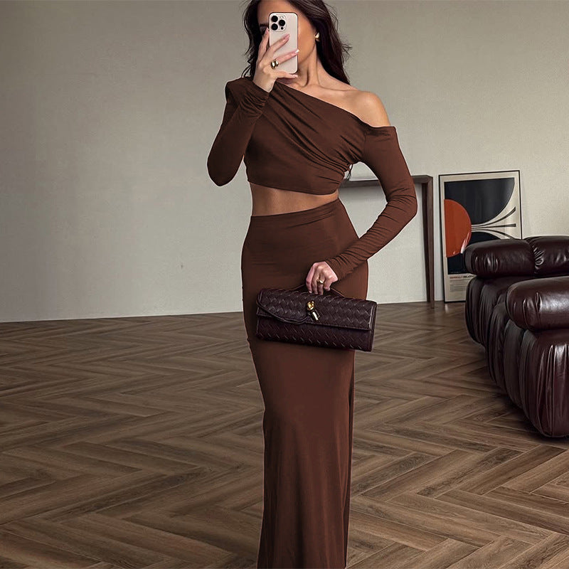 Off shoulder long sleeved top and skirt set