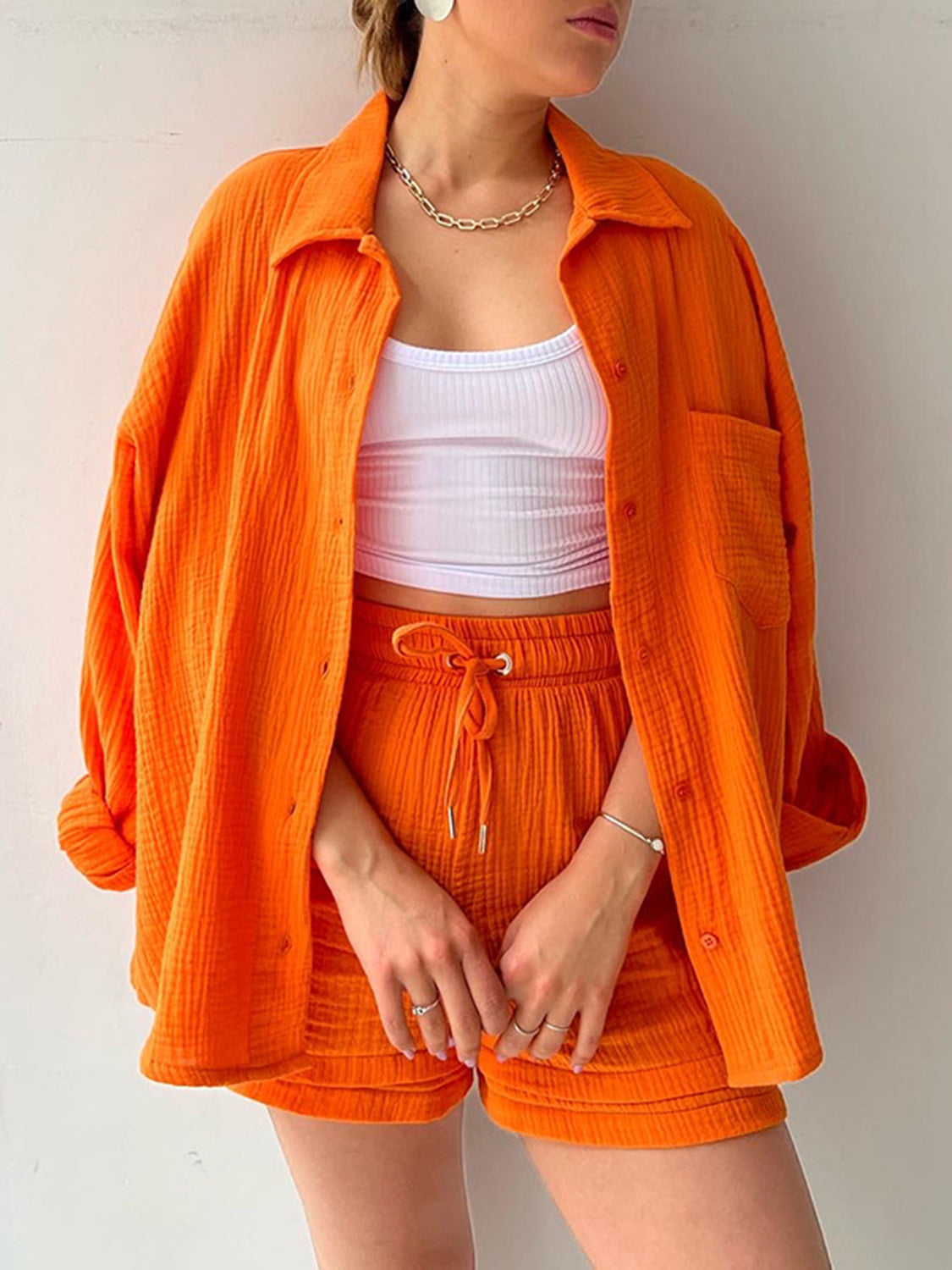 Texture Button Up Shirt and Drawstring Shorts Set - MONLANE