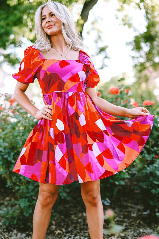 Printed Square Neck Puff Sleeve Dress - MONLANE