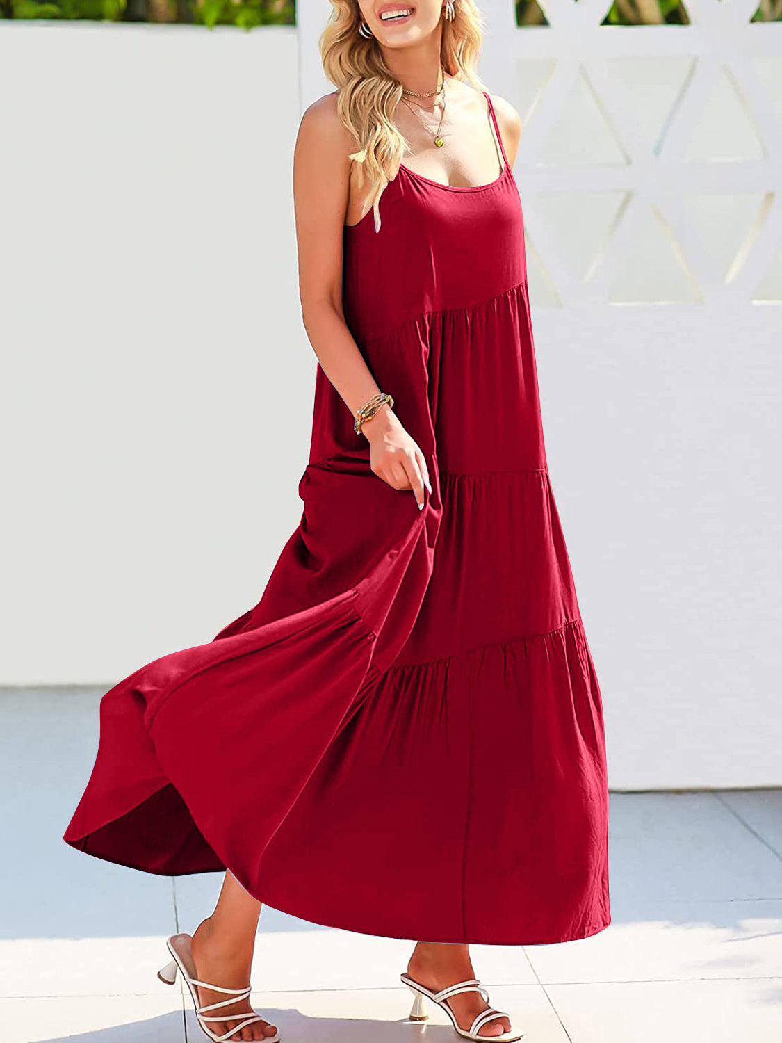 Full Size Ruched Tiered Spaghetti Strap Dress - MONLANE