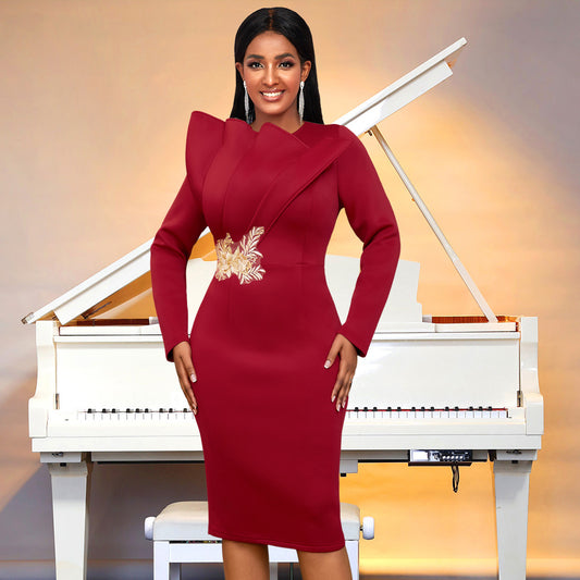 Embroidered Long Sleeved Evening Dress