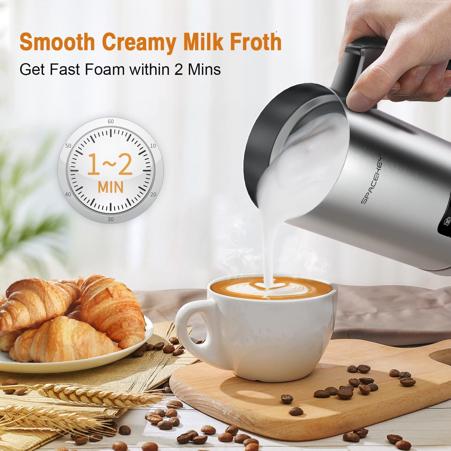 Milk Frother, Electric Milk Steamer, Spacekey 4-in-1 Automatic Hot and Cold Foam Maker with Touch Screen, 10oz/300ml Stainless Steel Milk Foamer with Buzzer for Latte,Cappuccinos,Chocolate Milk,Silver - MONLANE