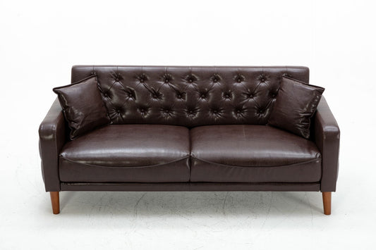 Brown PU Leather Sponge Sofa, Indoor Sofa, Removable Wooden Feet, Tufted Buttons - MONLANE