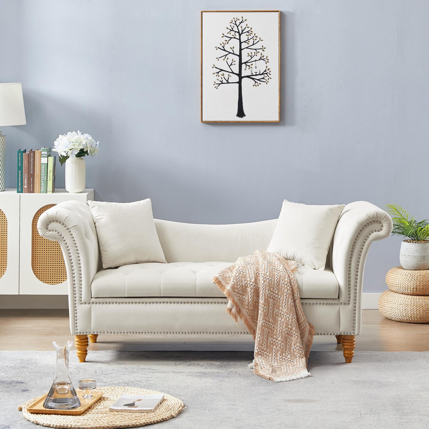 Velvet Sofa Stool with 2 Pillows in Beige - MONLANE
