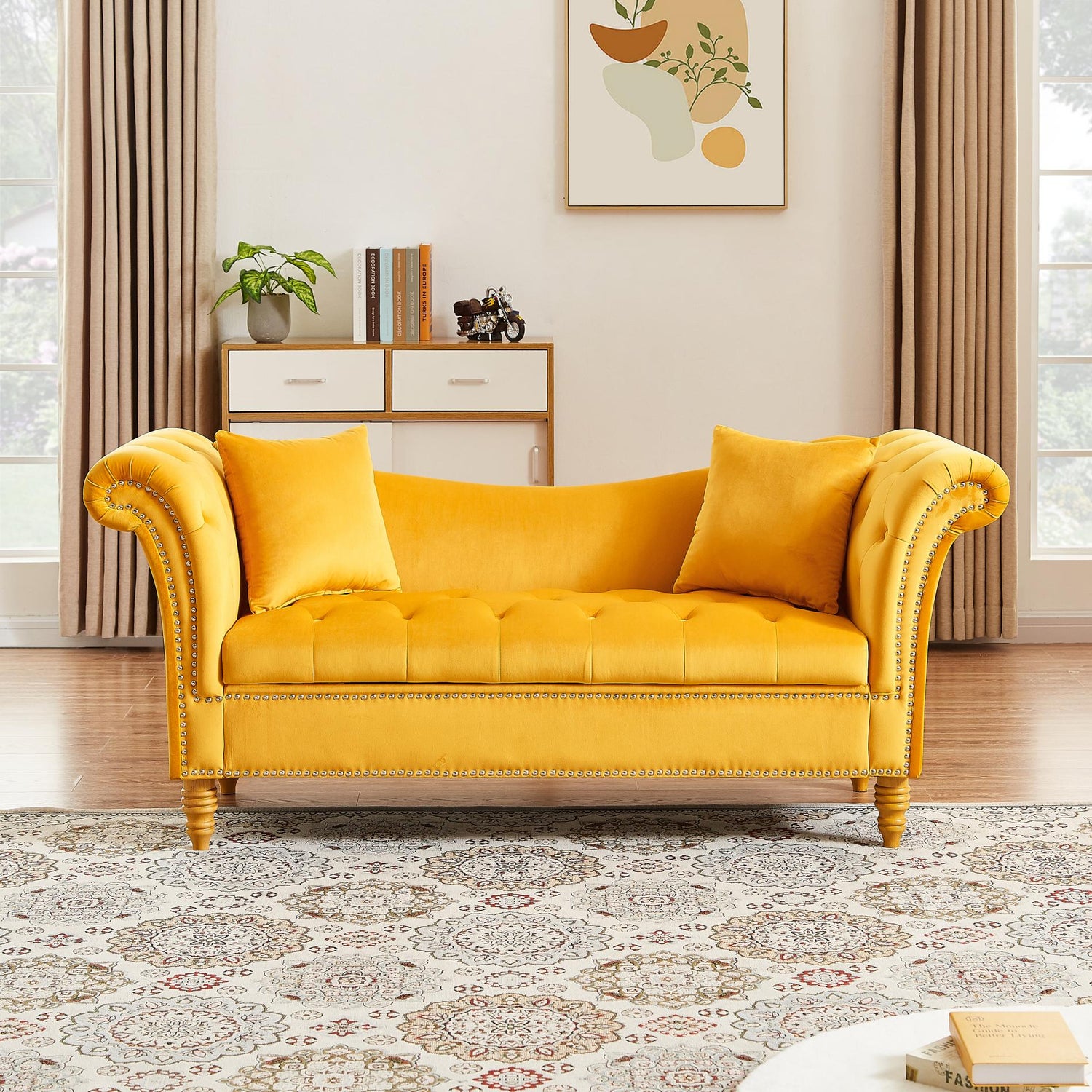 Velvet Sofa Stool with 2 Pillows in Beige - MONLANE