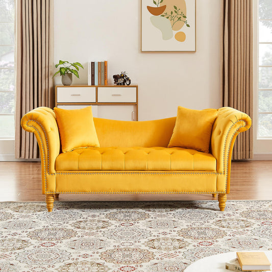 Velvet Sofa Stool with 2 Pillows in Beige - MONLANE