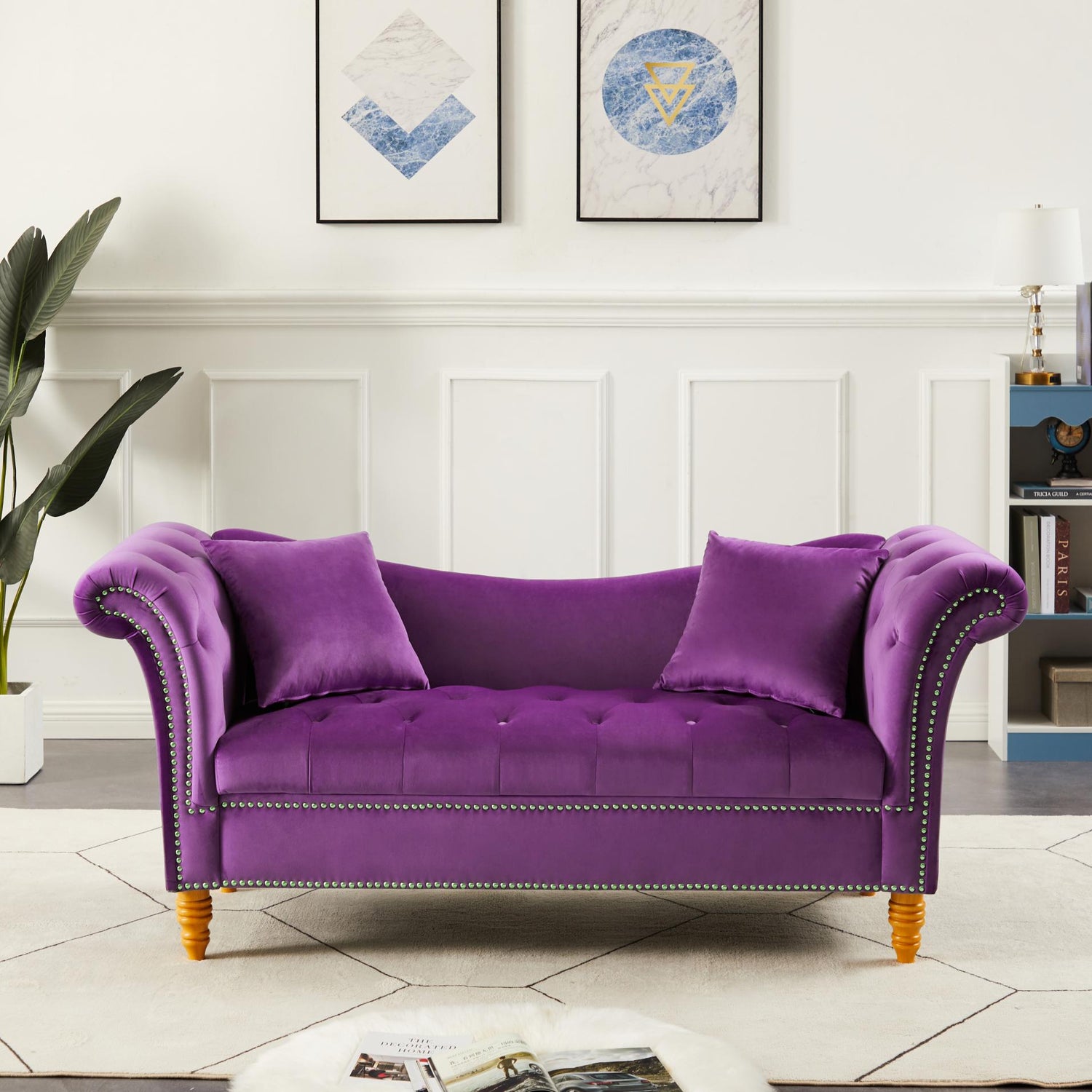 Velvet Sofa Stool with 2 Pillows in Beige - MONLANE