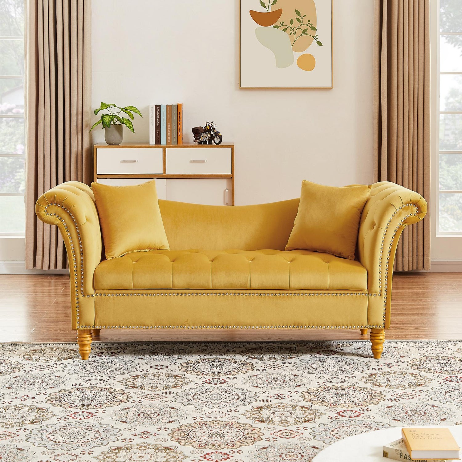 Velvet Sofa Stool with 2 Pillows in Beige - MONLANE