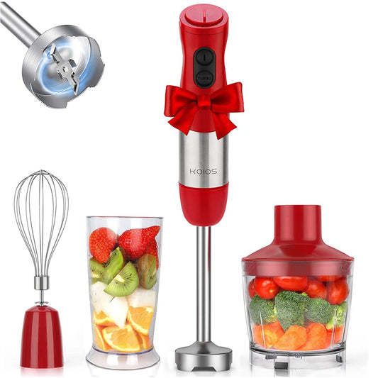 KOIOS Immersion Blender, Upgraded 5-in-1 Handheld Blender 1000W 12 Speed with Turbo Mode, Stick Blender,600ml Mixing Beaker,500ml Food Processor, Whisk, Milk Frother, BPA-Free, Red - MONLANE