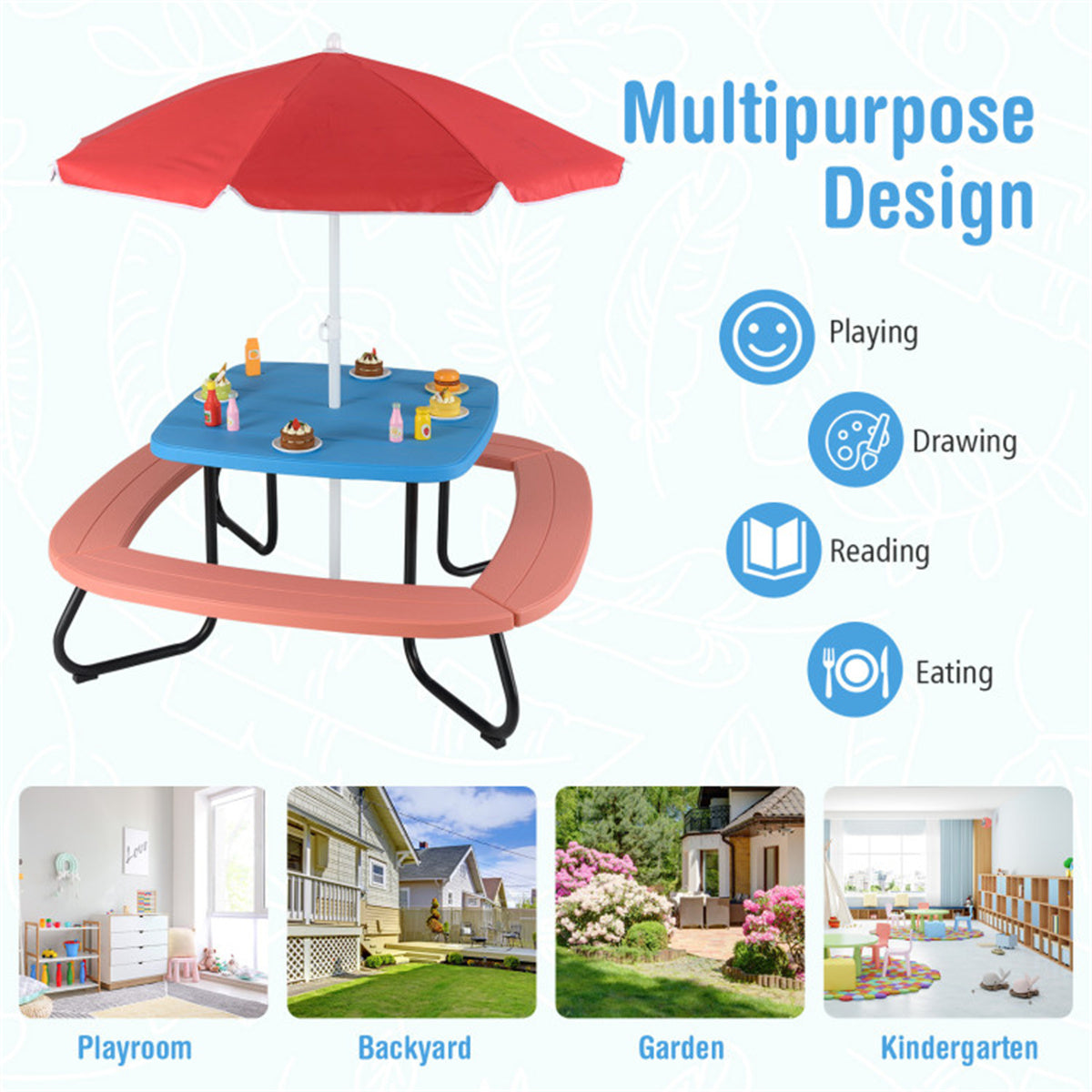 Kids Outdoor Picnic Table  With Umbrella - Red