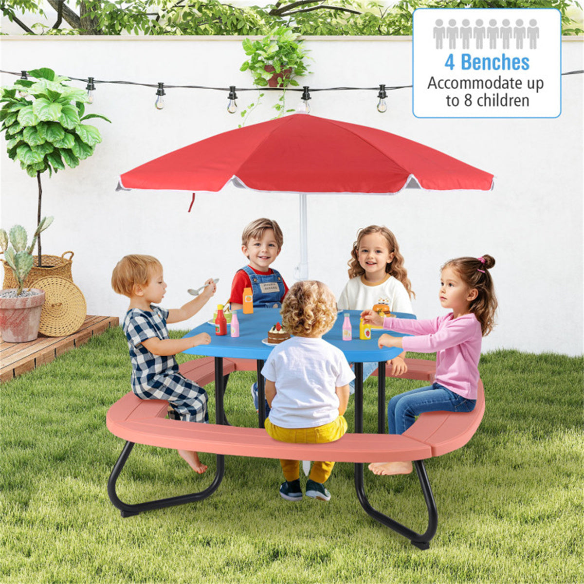 Kids Outdoor Picnic Table  With Umbrella - Red
