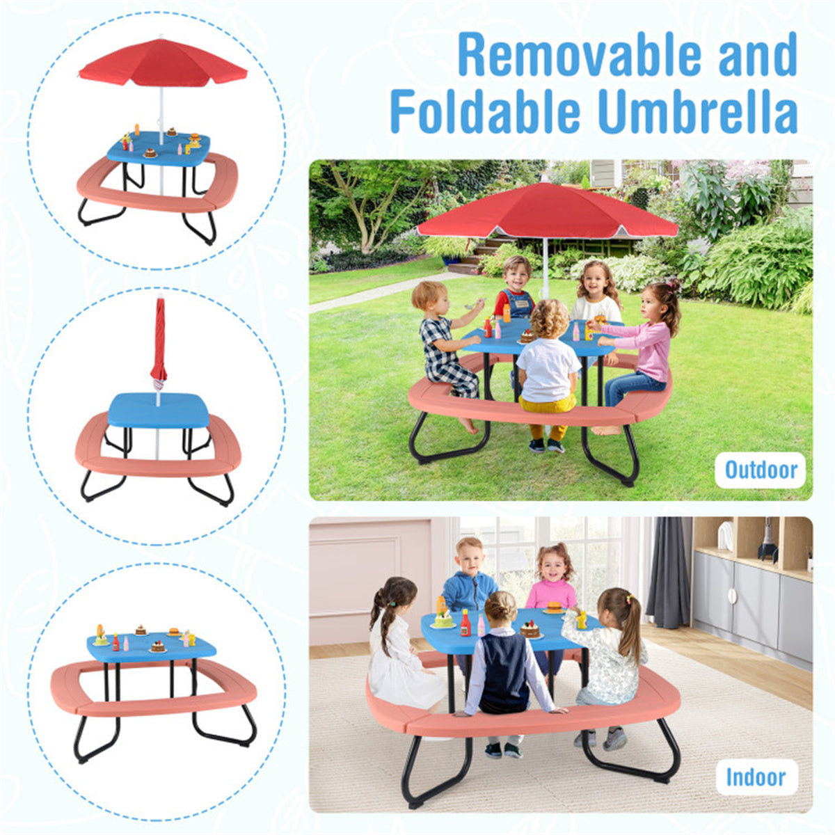 Kids Outdoor Picnic Table  With Umbrella - Red
