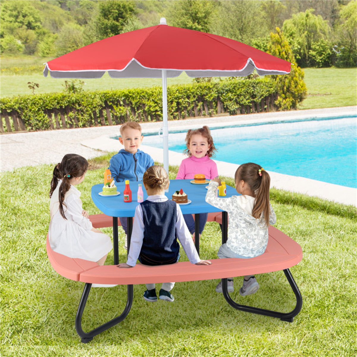 Kids Outdoor Picnic Table  With Umbrella - Red